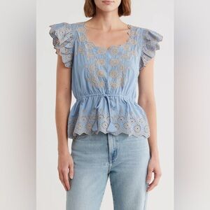 Democracy Sz Large Embroidered Peplum Ruffle Sleeve Top Chambray Blue Khaki NWT